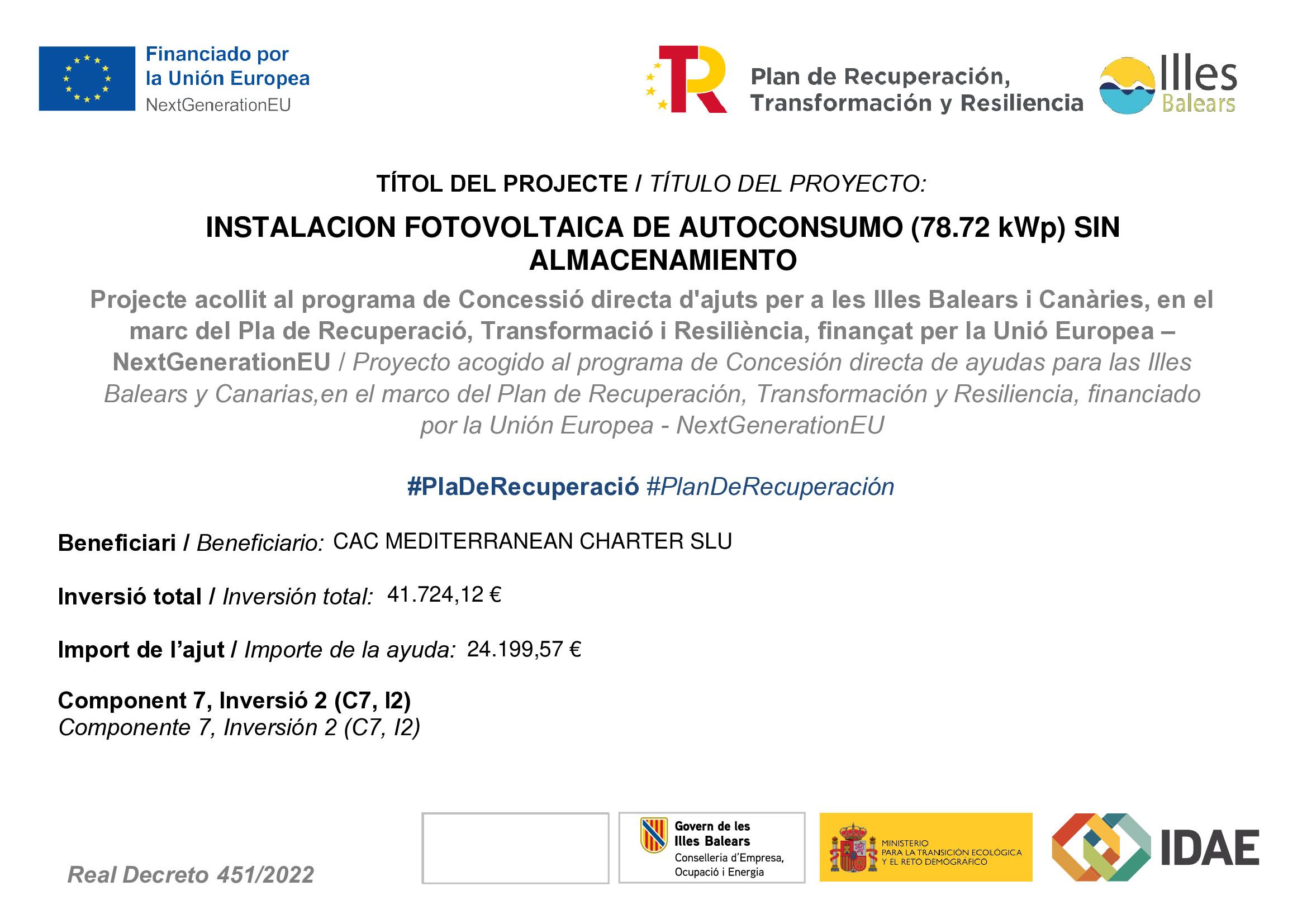 Certificate for the self-consumption photovoltaic installation financed by the European Union - NextGenerationEU